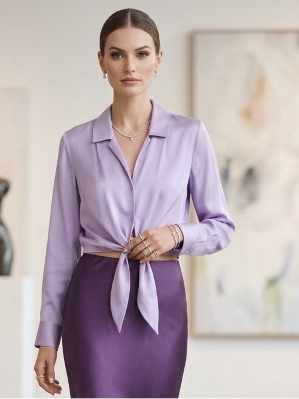 L'AGENCE Lilac Tie-Front Long-Sleeve Blouse Size M